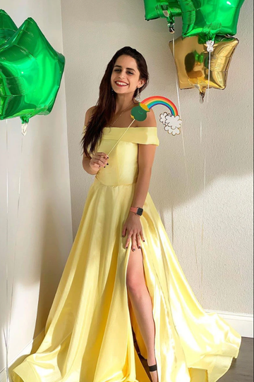 Yellow satin long prom dress, yellow evening dress HZ1023